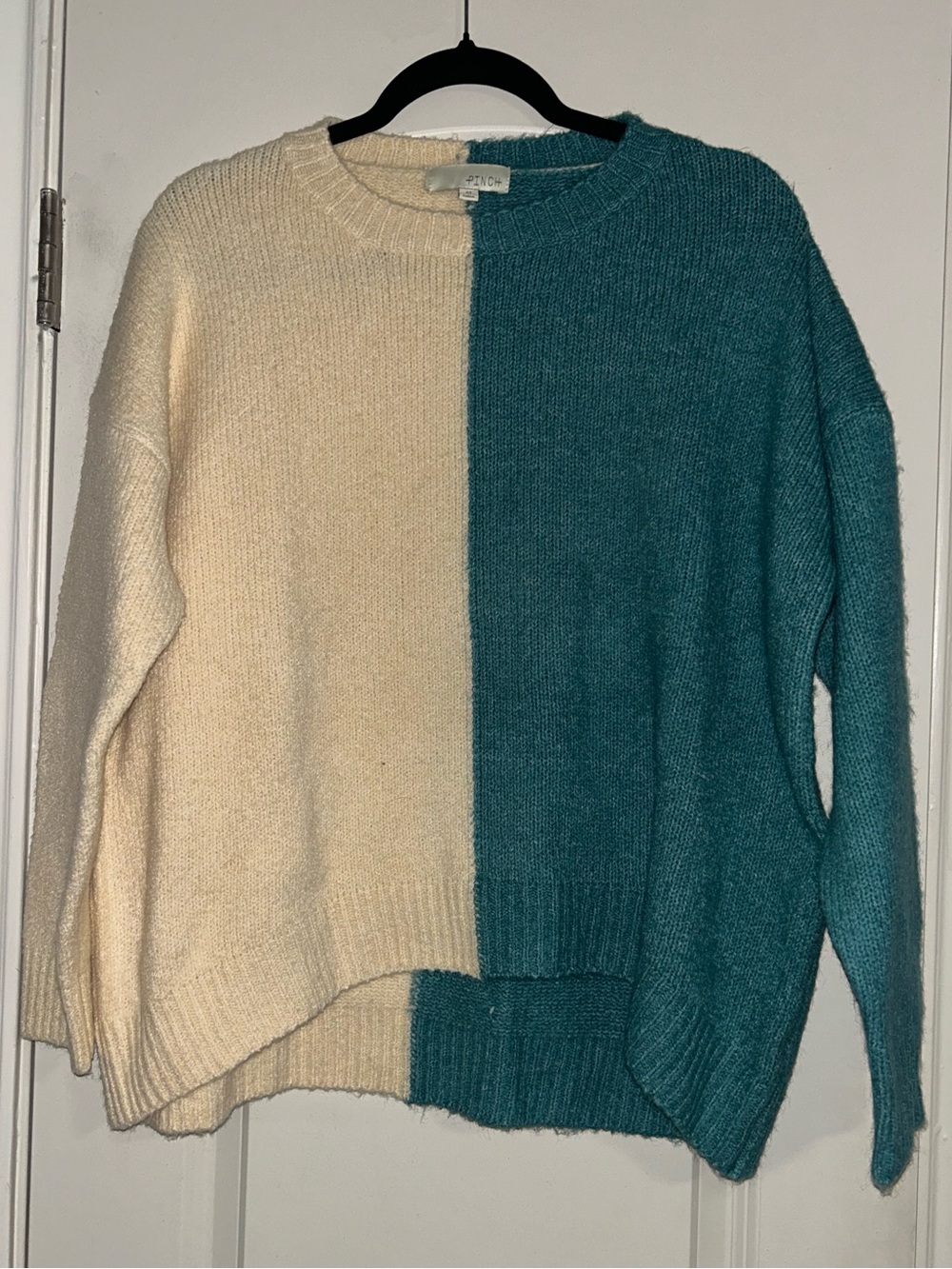 Impeccable Pig Pinch Cream and Teal Colorblock Crewneck Sweater